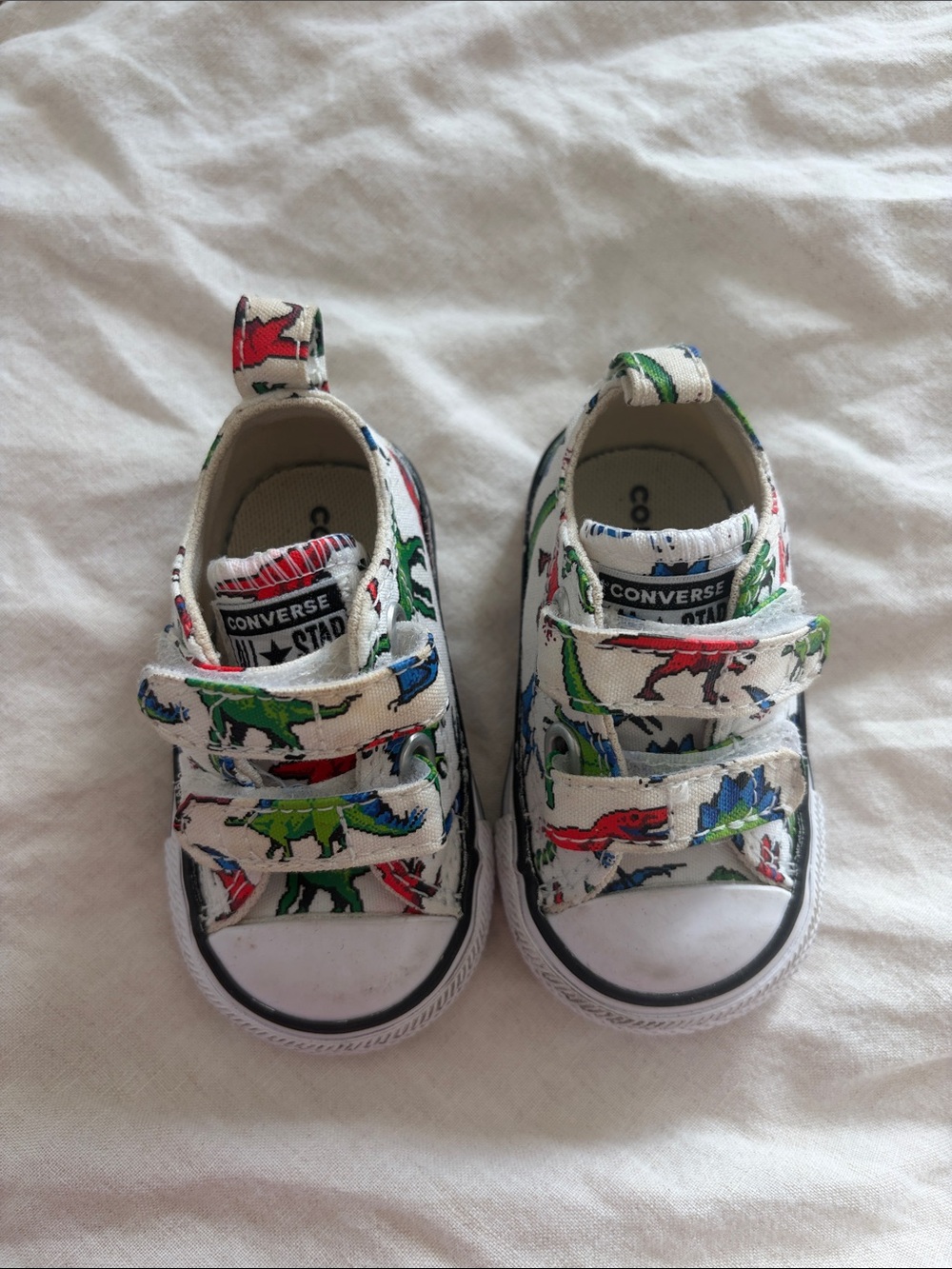 Converse Kids White Sneakers with Red, Green & Blue Dinosaur Print